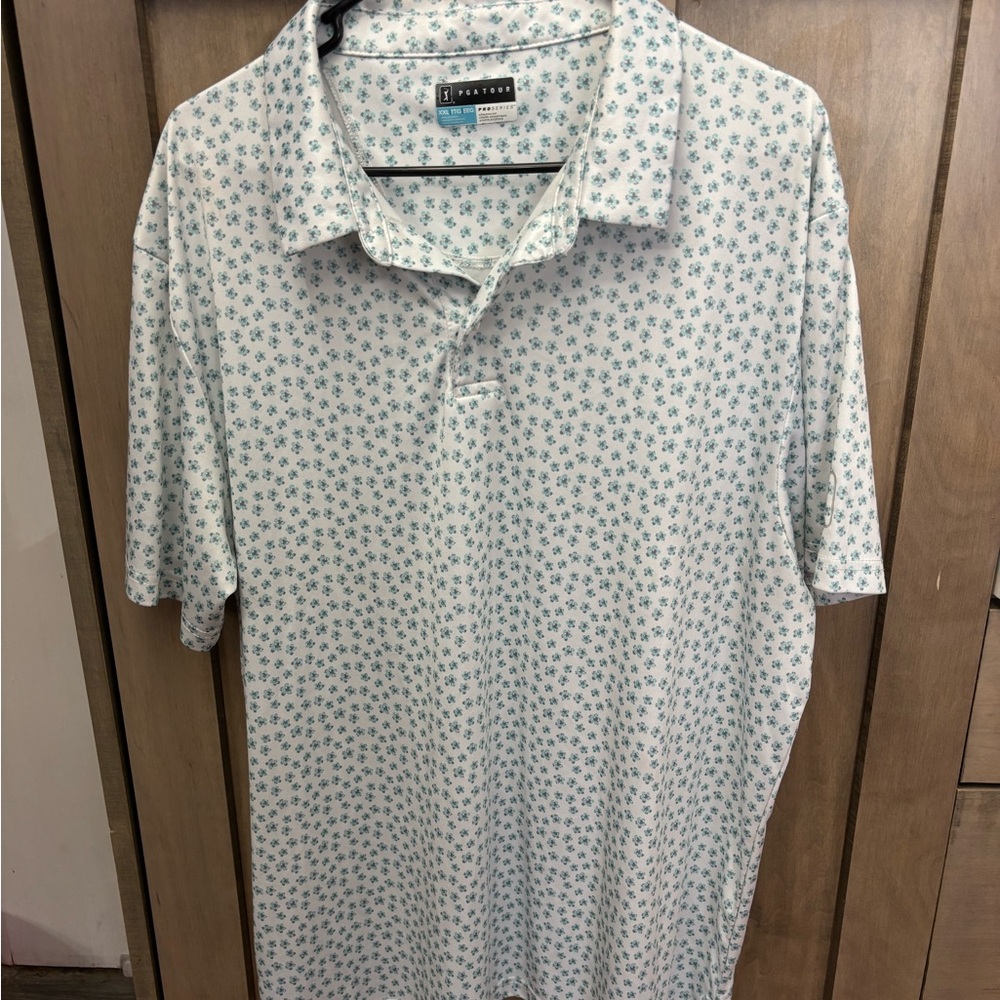 PGA Tour Polo Shirt Mens 2XL White Floral Pro Series Performance Athletic Fit